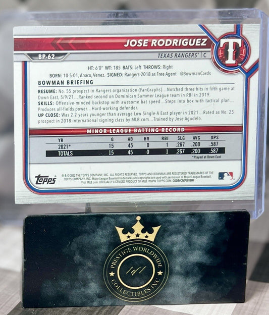 Jose Rodriguez 2022 Bowman 1st Edition #BPPF-62 Texas Rangers WS Prospect