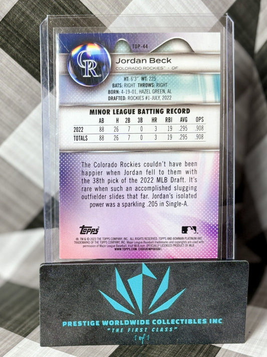 Jordan Beck 2023 Bowman Platinum Emerald Ice Foil /299 #TOP-44 Colorado Rockies