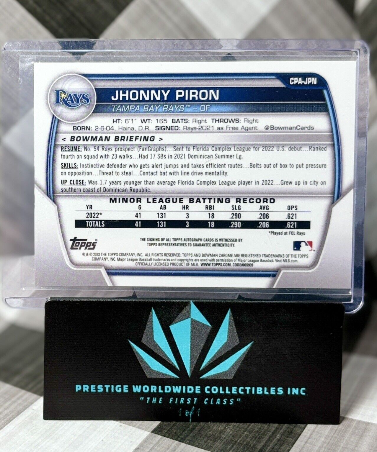 Jhonny Piron 2023 Bowman Chrome Prospect Auto #CPA-JPN Tampa Bay Rays