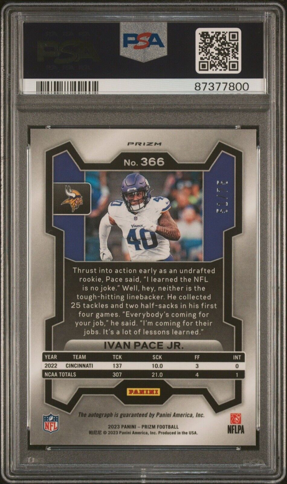 Ivan Pace Jr. 2023 Panini Prizm Green Scope Rookie Auto /75 PSA 10 #366 Vikings
