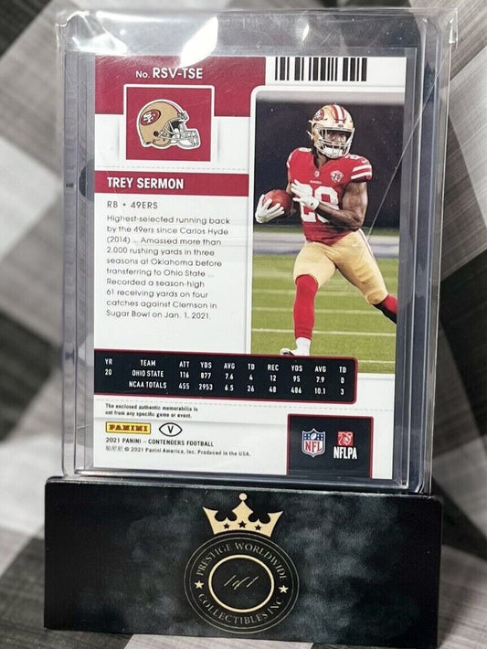Trey Sermon 2021 Panini Contenders Rookie Ticket Patch Green #RSV-TSE - SF 49ers