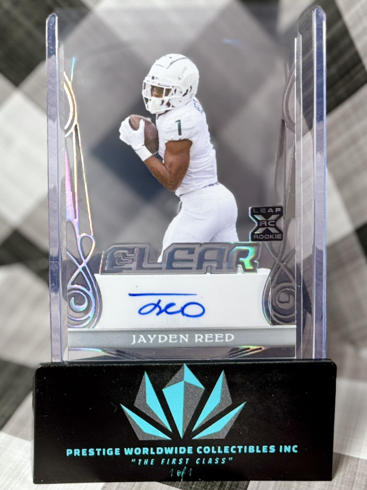 Jayden Reed 2023 Leaf Trinity Clear Silver Rookie Auto /10 #CA-JR1 GB Packers RC