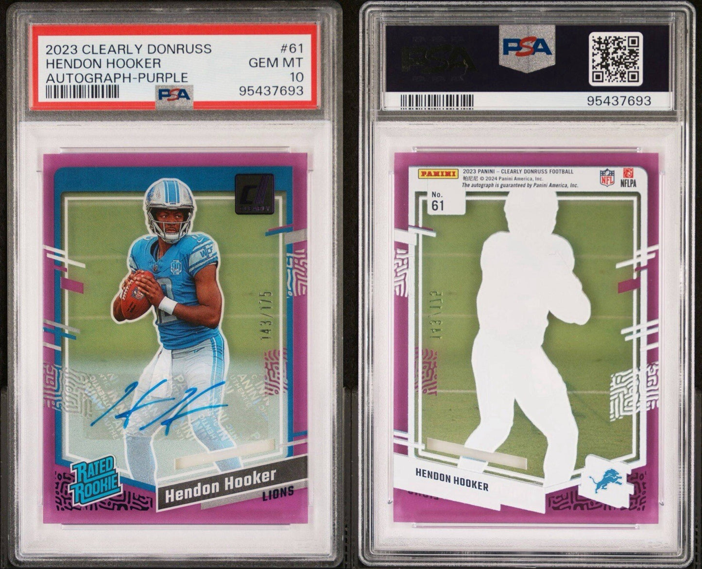 Hendon Hooker 2023 Clearly Donruss Purple Rated Rookie Auto /175 PSA 10 #61 DET
