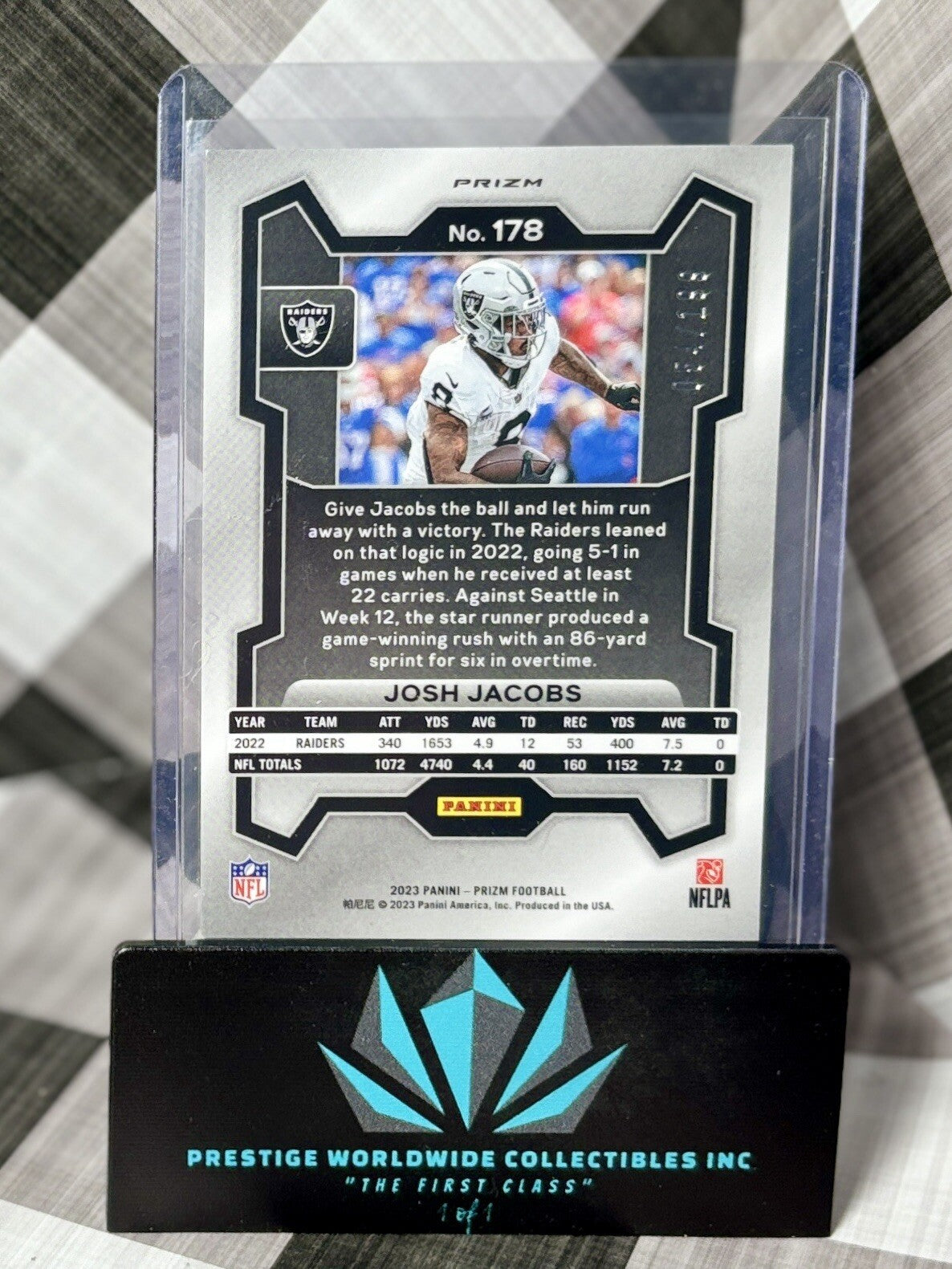Josh Jacobs 2023 Panini Prizm Blue Wave Prizm /199 #178 LV Raiders & GB Packers