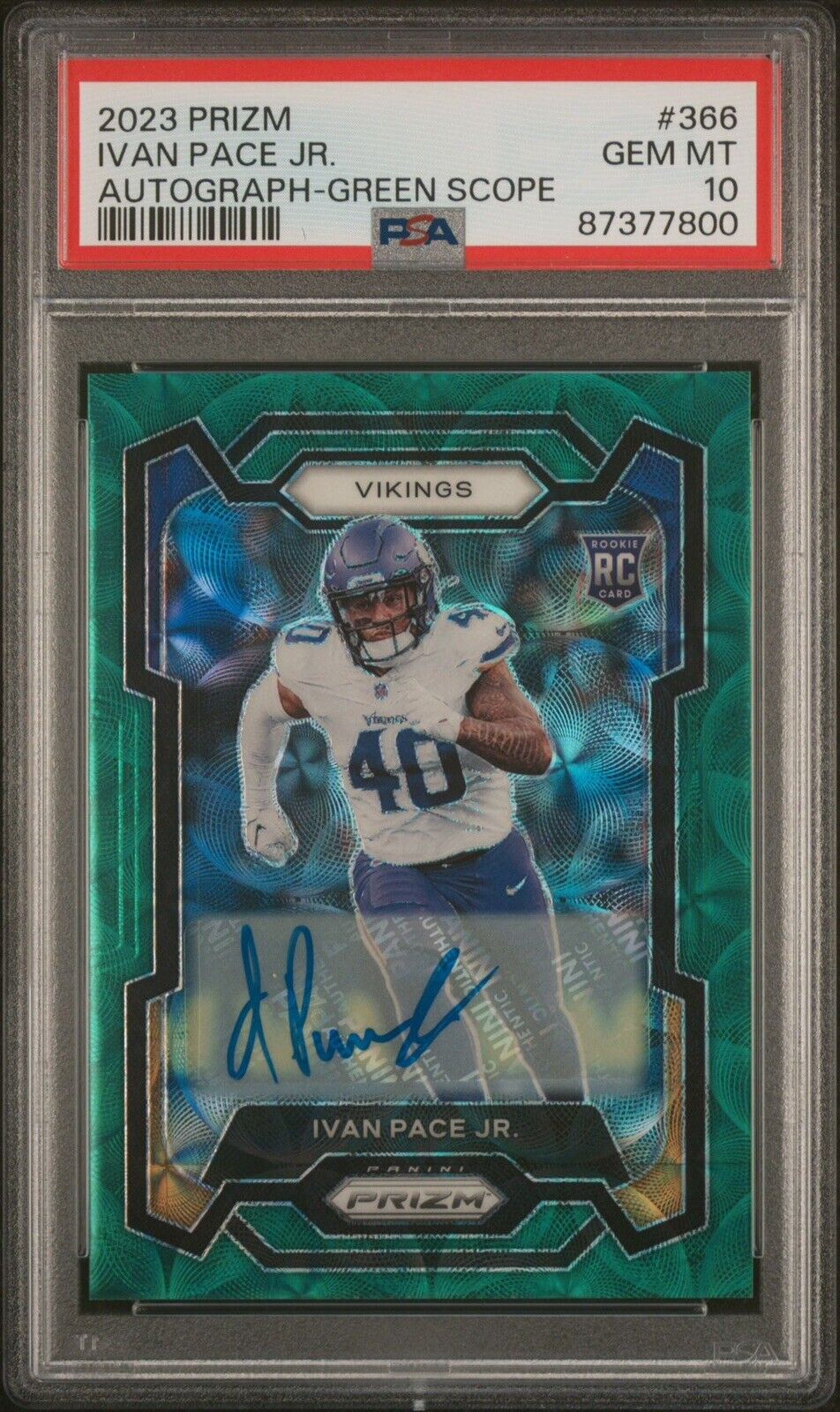 Ivan Pace Jr. 2023 Panini Prizm Green Scope Rookie Auto /75 PSA 10 #366 Vikings