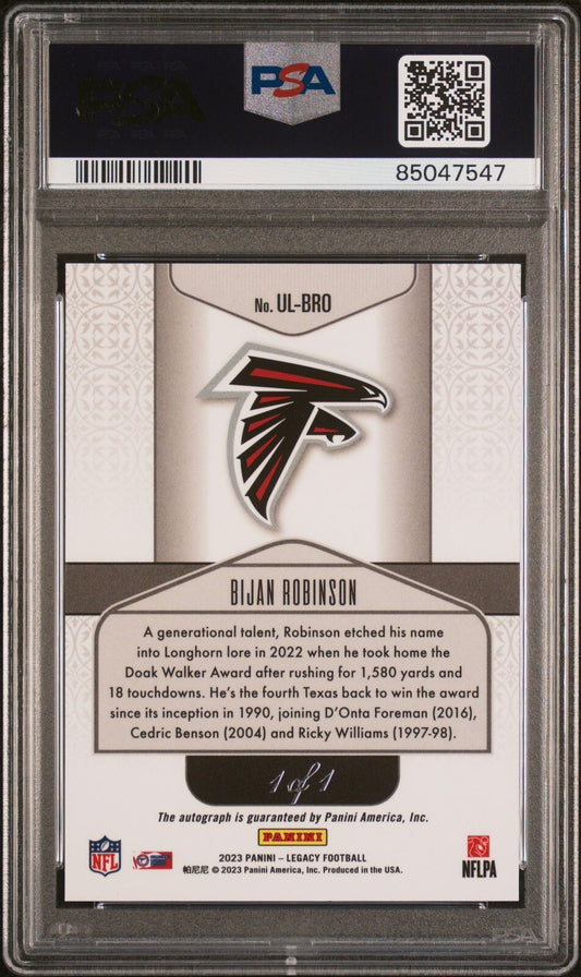 Bijan Robinson 2023 Legacy Under The Lights Rookie Auto 1/1 PSA 9/10 #UL-BRO ATL