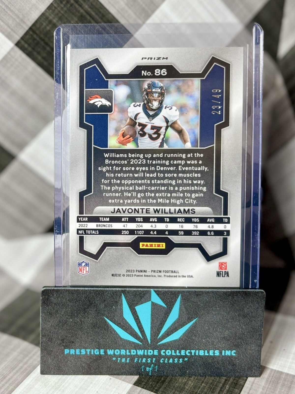 Javonte Williams 2023 Panini Prizm Purple Power /49 #86 Denver Broncos SP