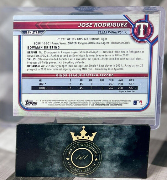 Jose Rodriguez 2022 Bowman Chrome 1st Prospect #BCP-62 Texas Rangers WS Prospect