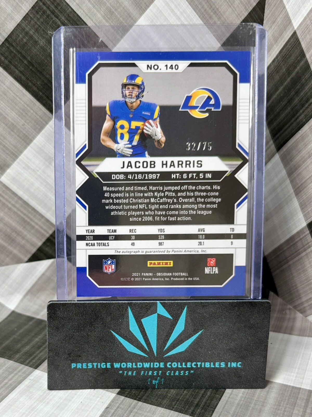 Jacob Harris 2021 Panini Obsidian Football Orange Etch Auto /75 #140 LA Rams RC