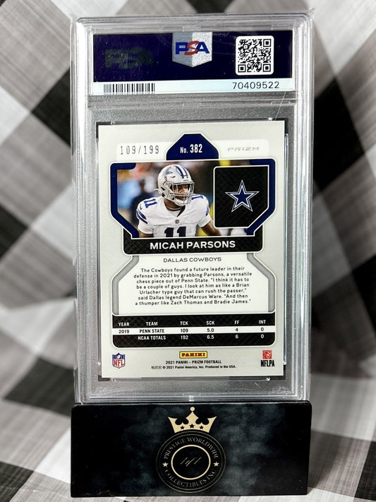 MICAH PARSONS 2021 PRIZM BLUE WAVE ROOKIE RC /199 #382 PSA 8 COWBOYS REGRADE?🔥