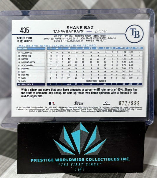 Shane Baz 2024 Topps Series 2 Blue Holo /999 #435 Tampa Bay Rays