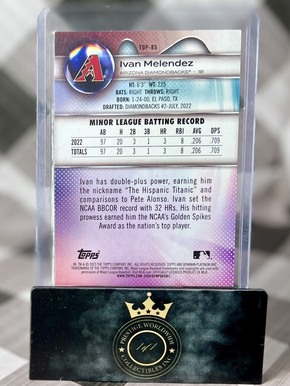 Ivan Melendez 2023 Bowman Platinum Green Ice Foil /299 #TOP-85 D'Backs Prospect