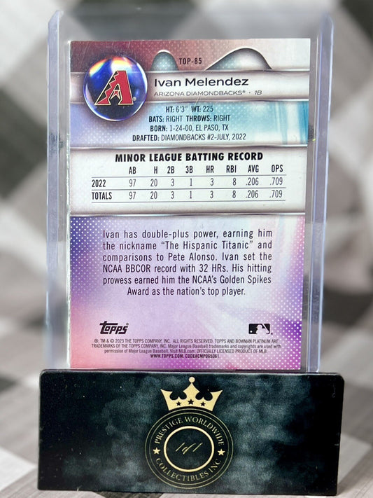 Ivan Melendez 2023 Bowman Platinum Green Ice Foil /299 #TOP-85 D'Backs Prospect