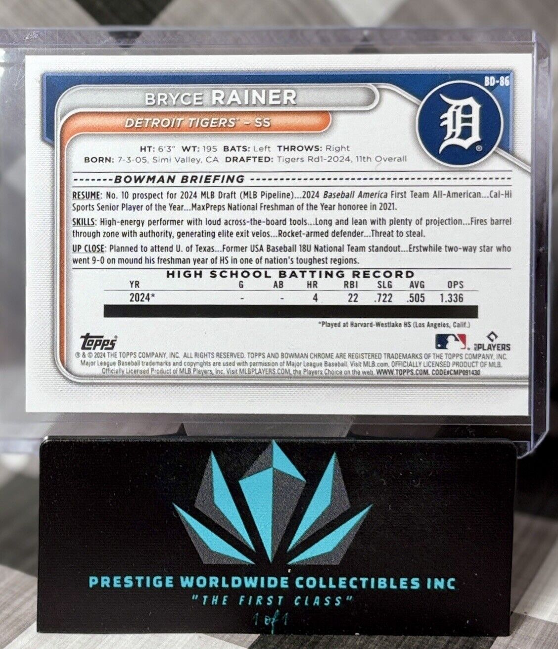 Bryce Rainer 2024 Bowman Draft 1st Prospect #BP-86 Detroit Tigers