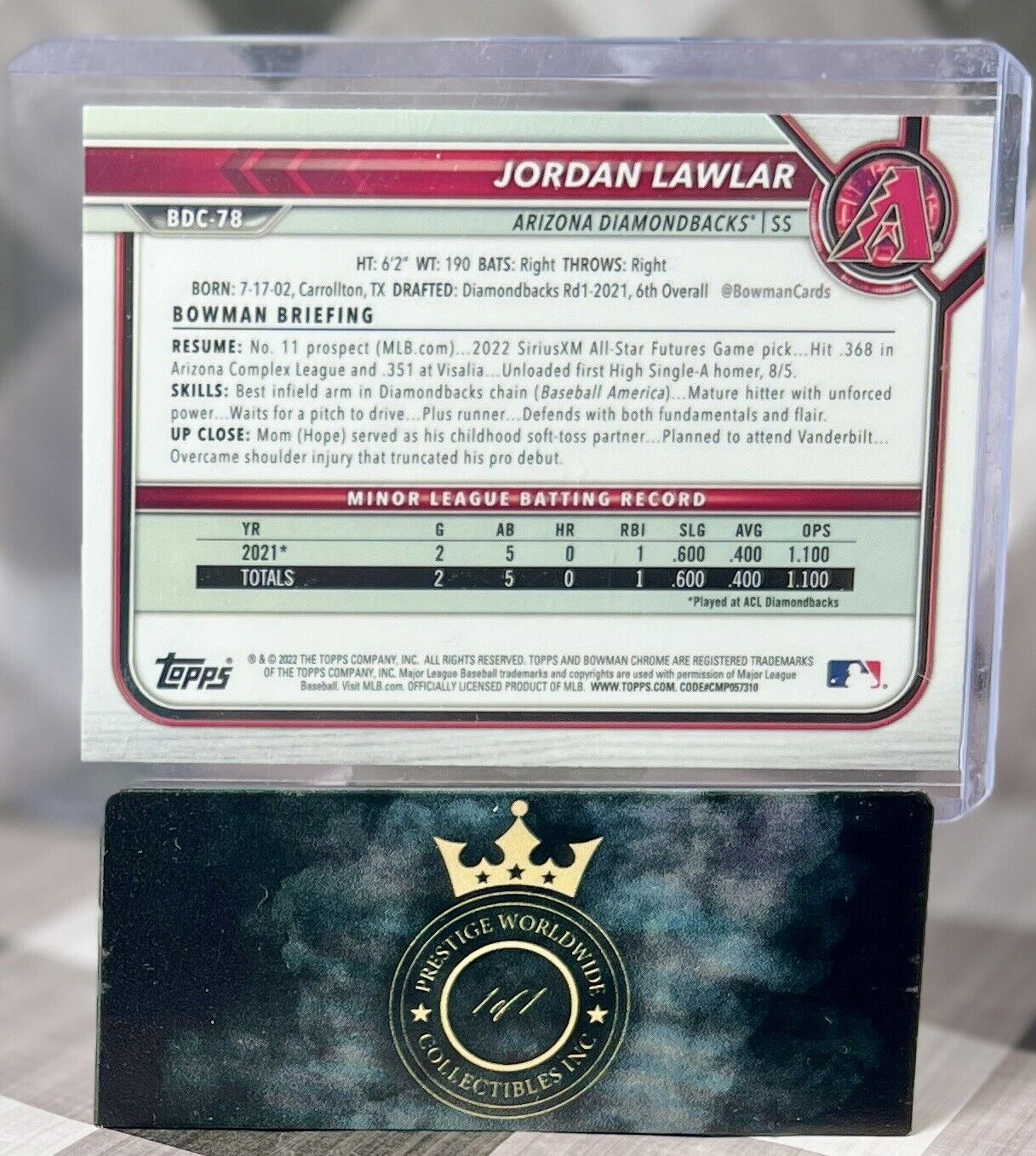Jordan Lawlar 2022 Bowman Draft Chrome Prospects #BDC-78 AZ Diamondbacks