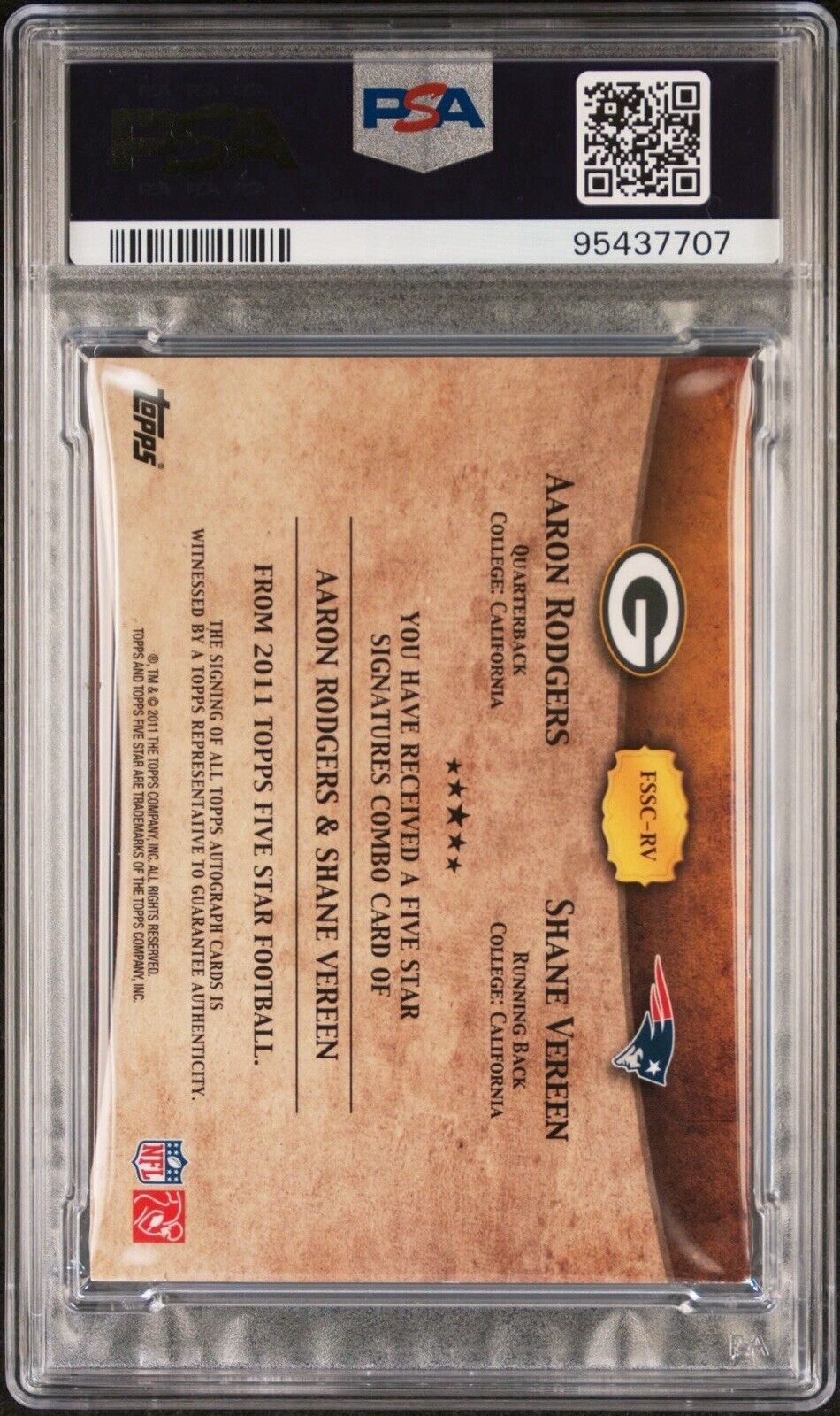 Aaron Rodgers Shane Vereen 2011 Five Star Combo Auto /10 PSA 7 #FSSC-RV GB & NE