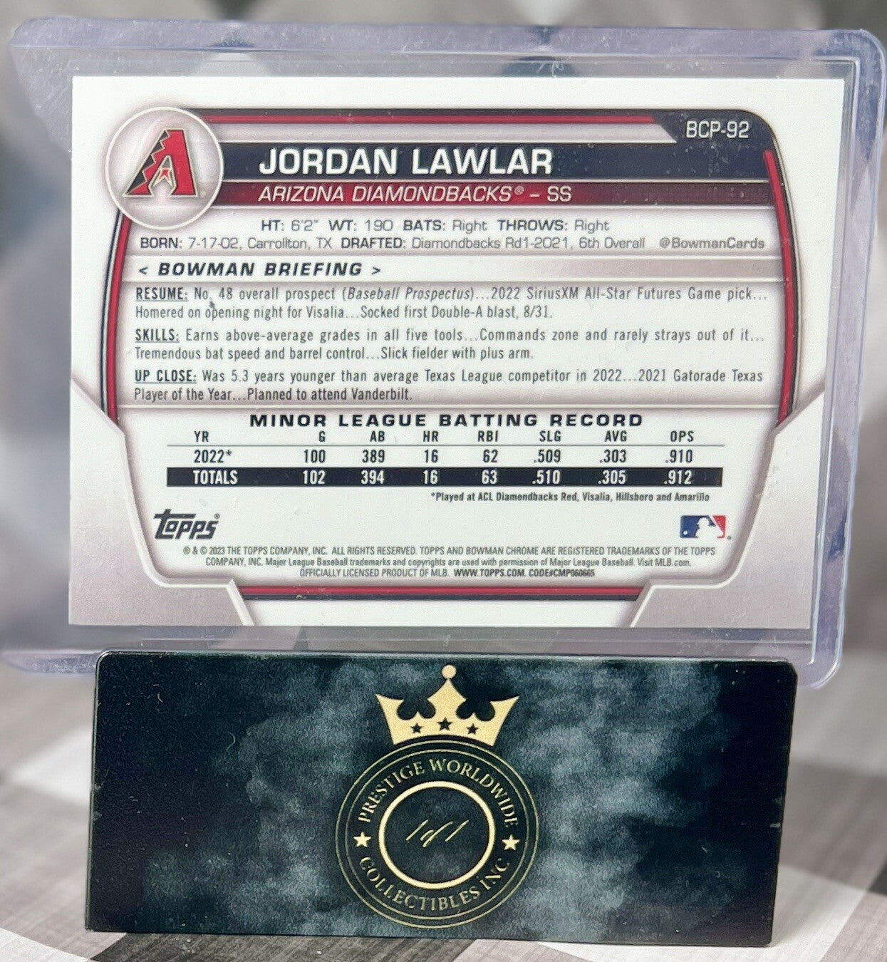 Jordan Lawlar 2023 Bowman Chrome Prospects #BCP-92 AZ Diamondbacks RC