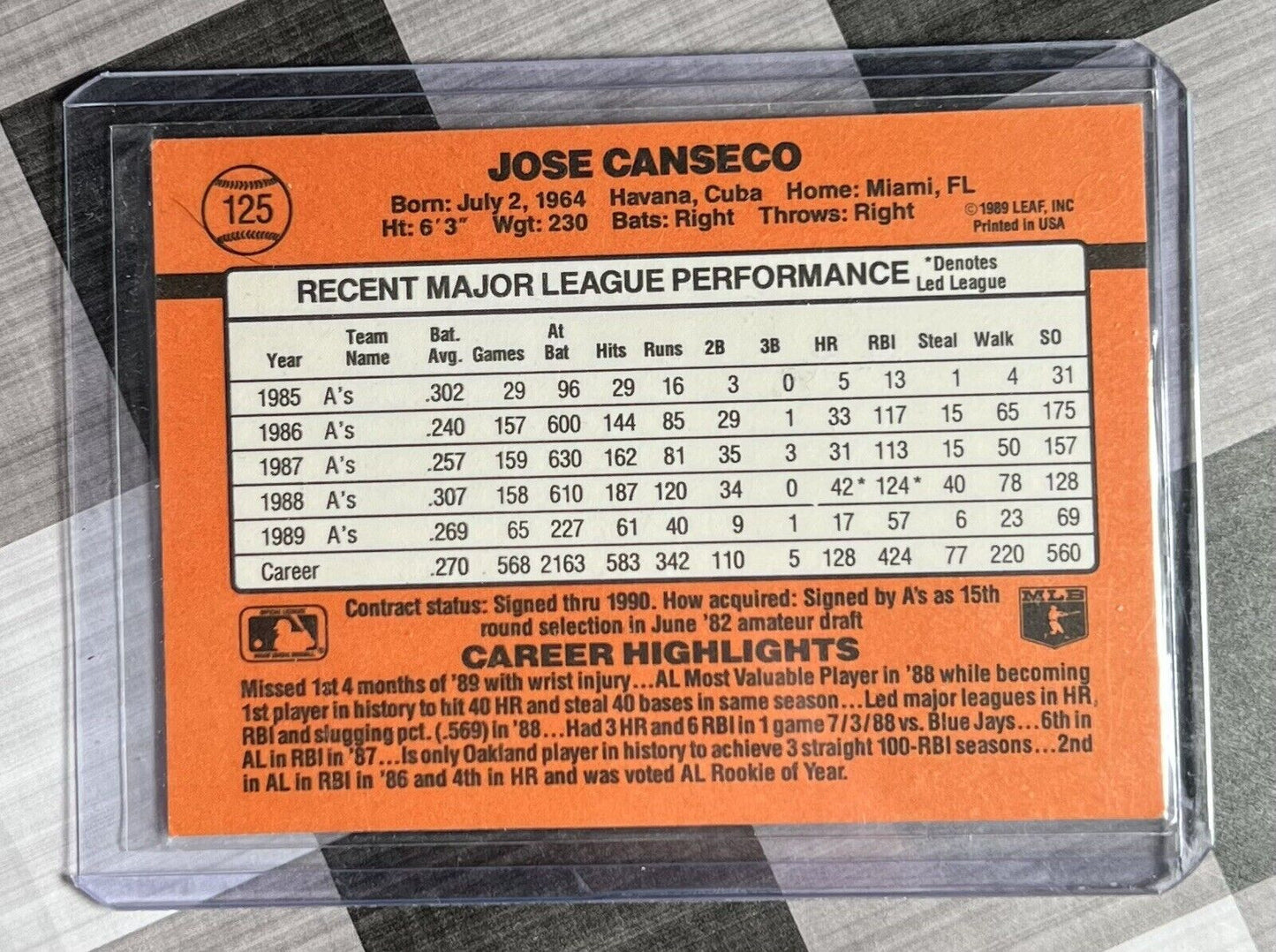 🔥⚾️ DONRUSS JOSE CANSECO # 125 OAKLAND A'S ERROR NO PERIOD AFTER INC ⚾️🔥