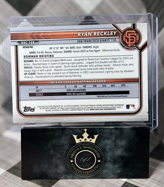 Ryan Reckley 2022 Topps Bowman Draft MLB Chrome Refractor #BDC-108 - SF Giants