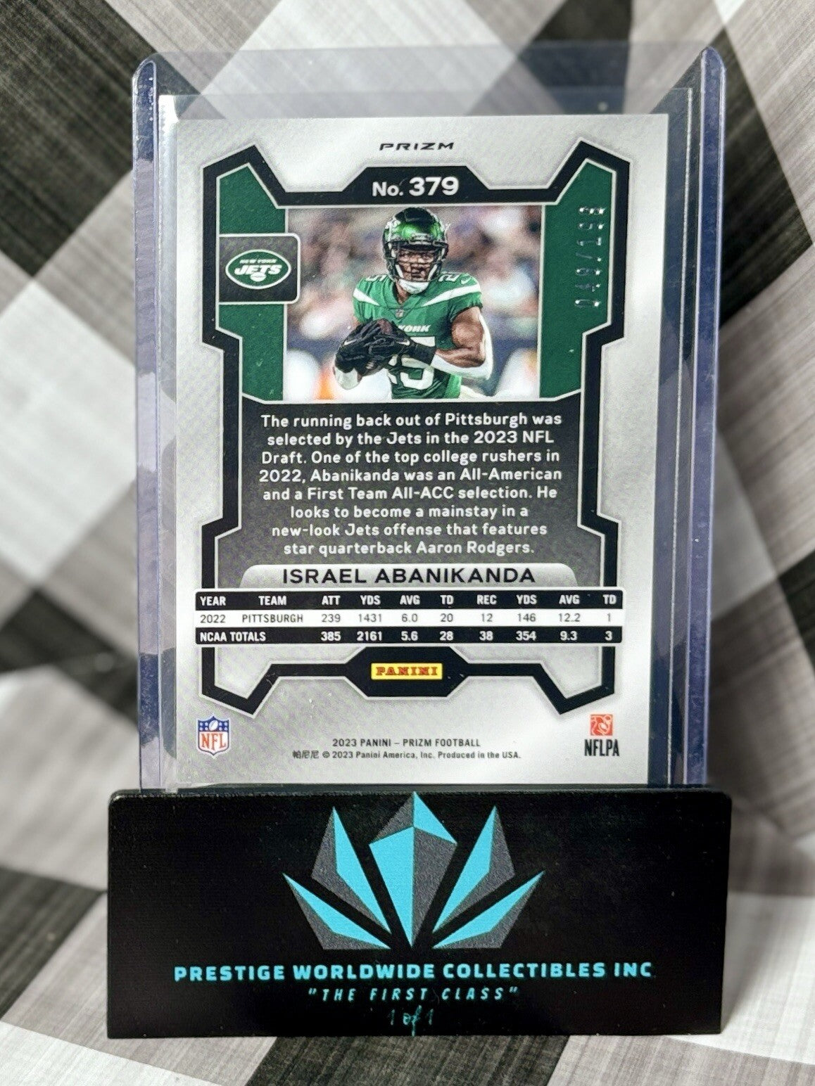 Israel Abanikanda 2023 Panini Prizm Blue Wave Prizm Rookie /199 #379 NY Jets RC