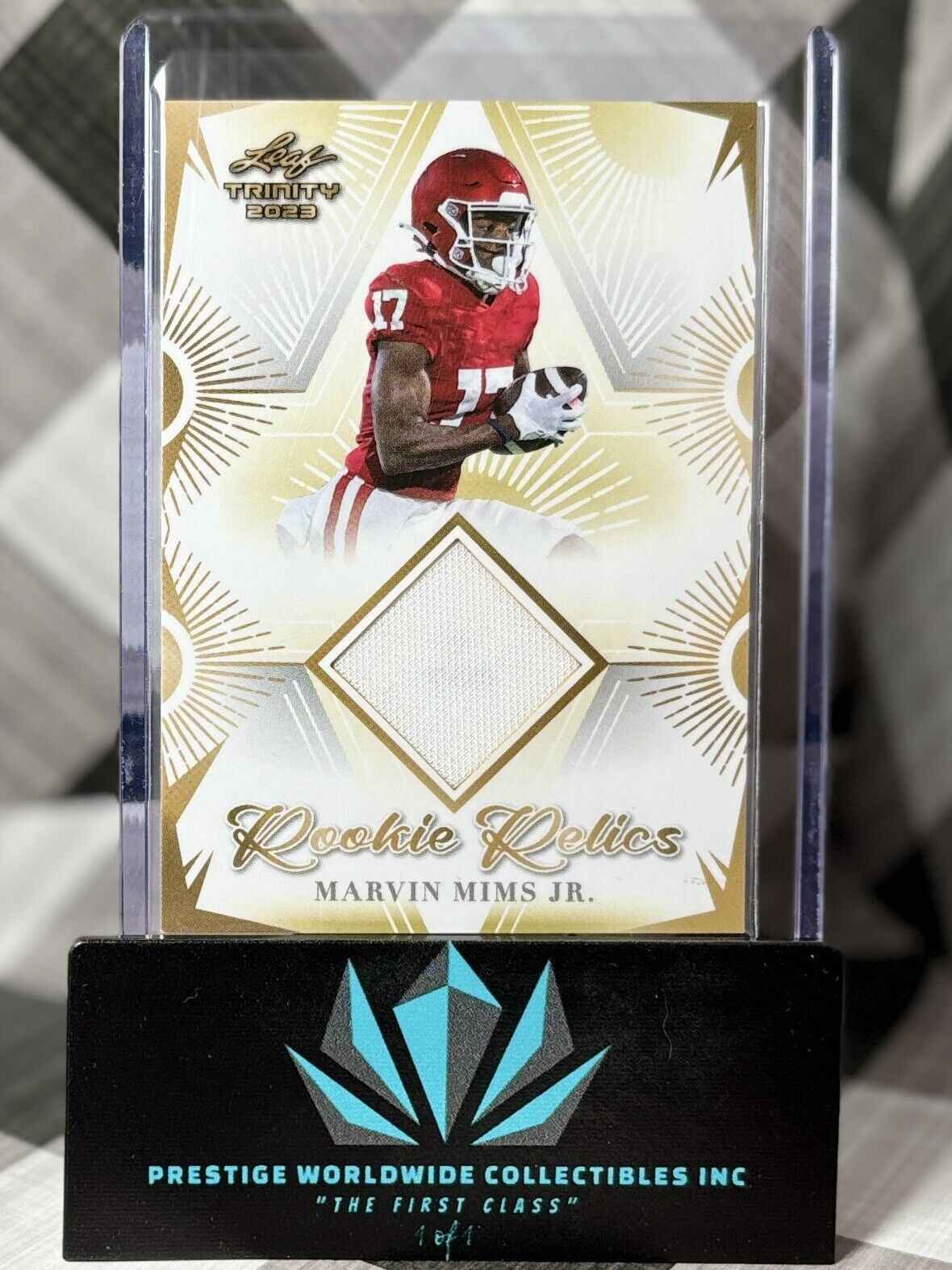 Marvin Mims 2023 Leaf Trinity Rookie Relics Jersey Patch #RR-24 DEN Broncos RC