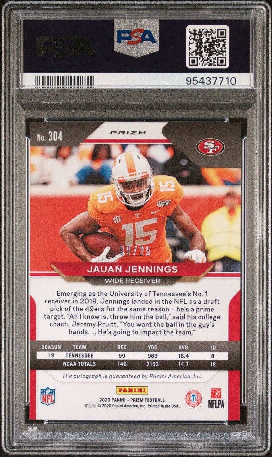 Jauan Jennings 2020 Panini Prizm Green Camo Rookie Auto /25 PSA 9 #304 SF 49ers