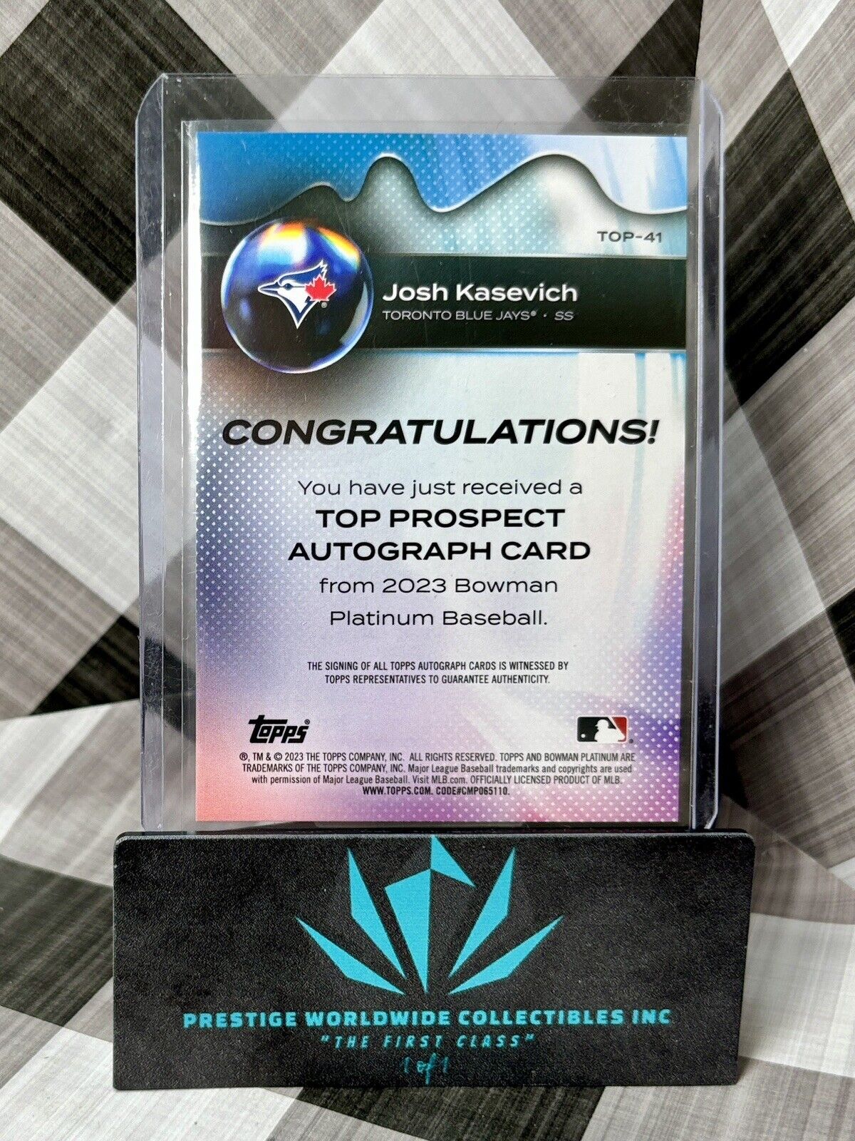 Josh Kasevich 2023 Bowman Platinum Prospect Holo Auto #TOP-41 Toronto Blue Jays