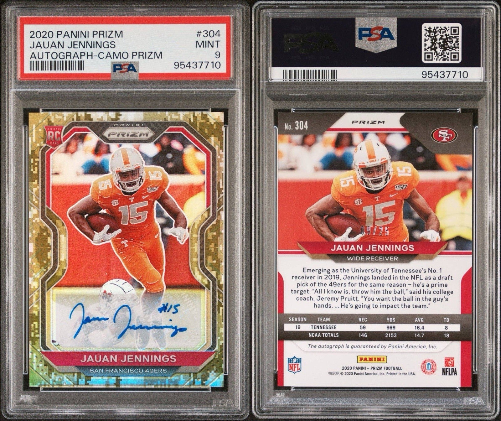 Jauan Jennings 2020 Panini Prizm Green Camo Rookie Auto /25 PSA 9 #304 SF 49ers