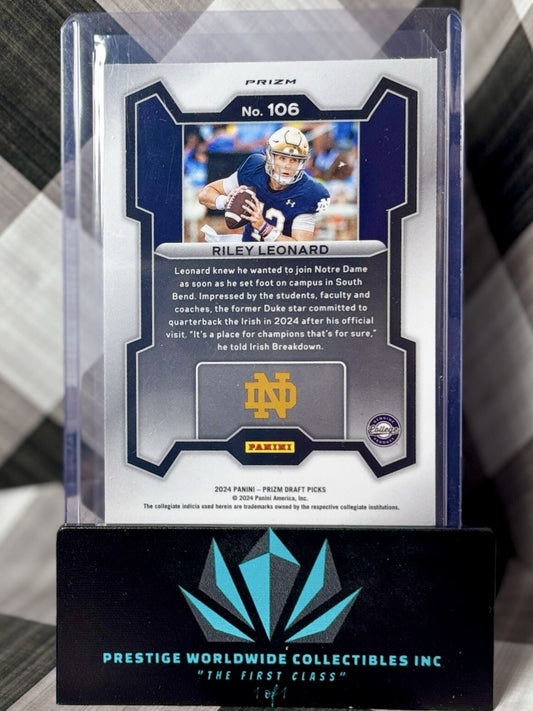Riley Leonard 2024 Prizm Draft Picks Silver Prizm Rated Prospect #106 Notre Dame