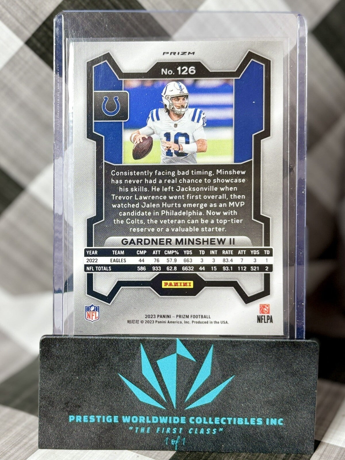 Gardner Minshew II 2023 Prizm Orange Cracked Ice Prizm #126 Indianapolis Colts