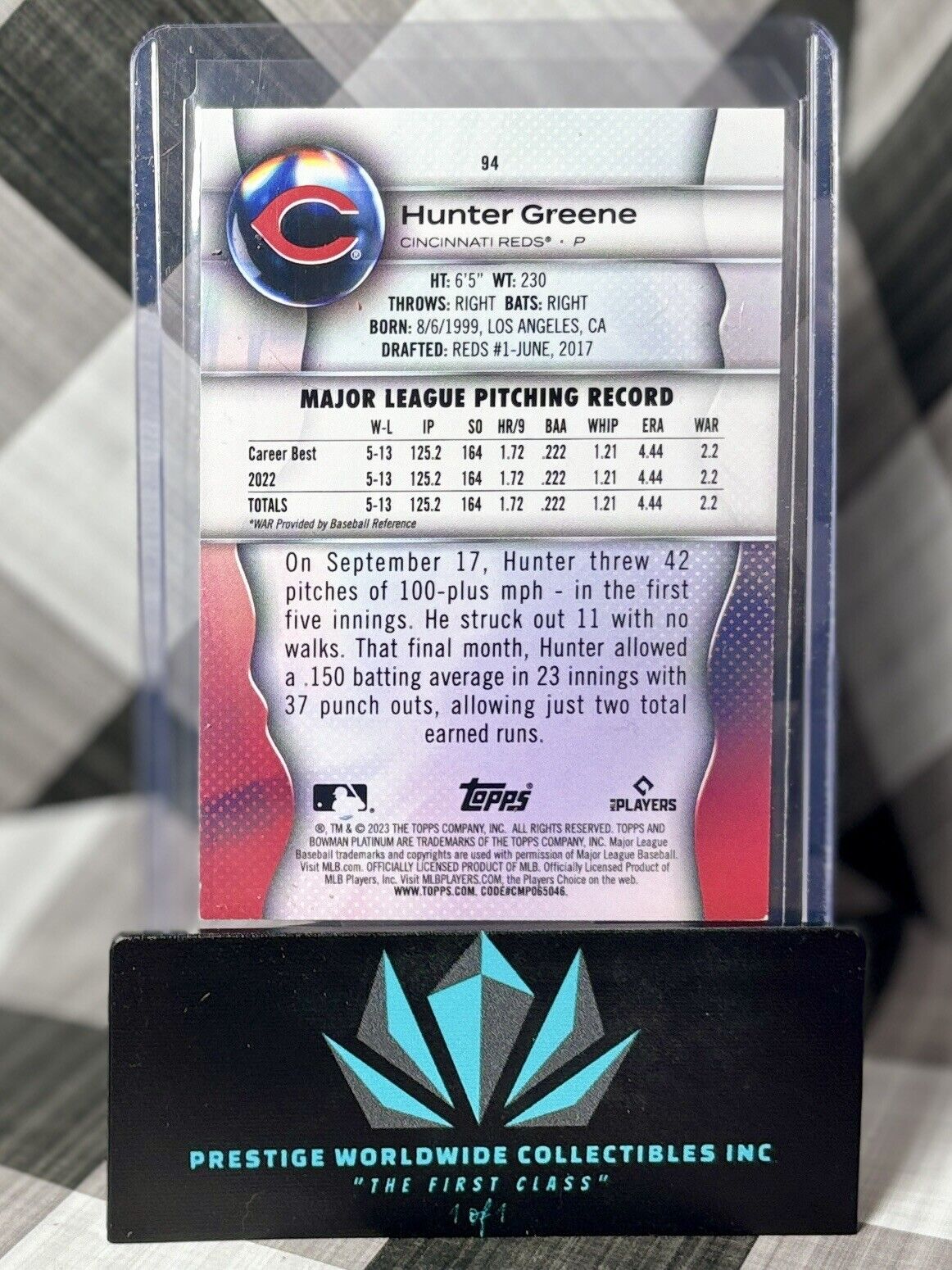 Hunter Greene 2023 Bowman Platinum Green Foil /99 #94 Cincinnati Reds