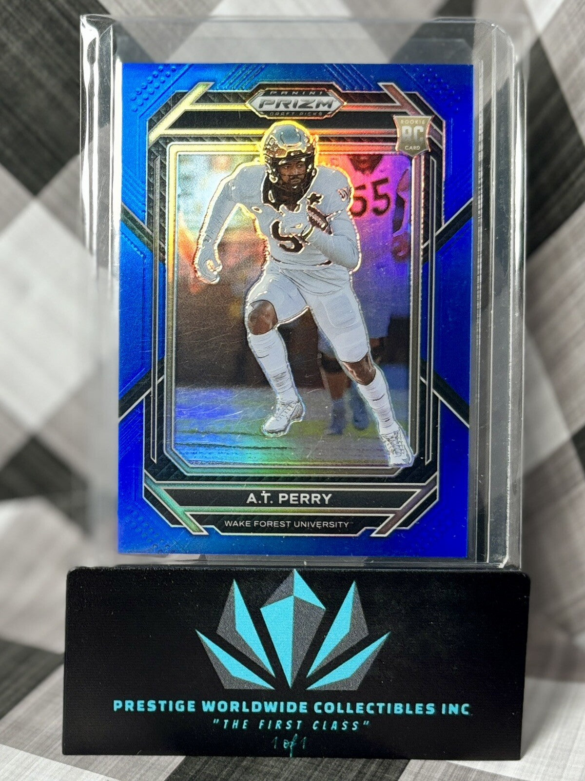 A.T. Perry 2023 Prizm Draft Picks Blue Wave Rookie /249 #140 WF & NO Saints RC