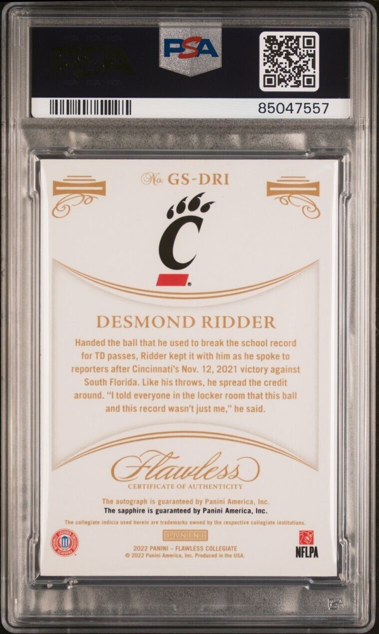 Desmond Ridder 2022 Flawless Sapphire RC Patch Auto /15 PSA 9/10 #GS-DRI Arizona