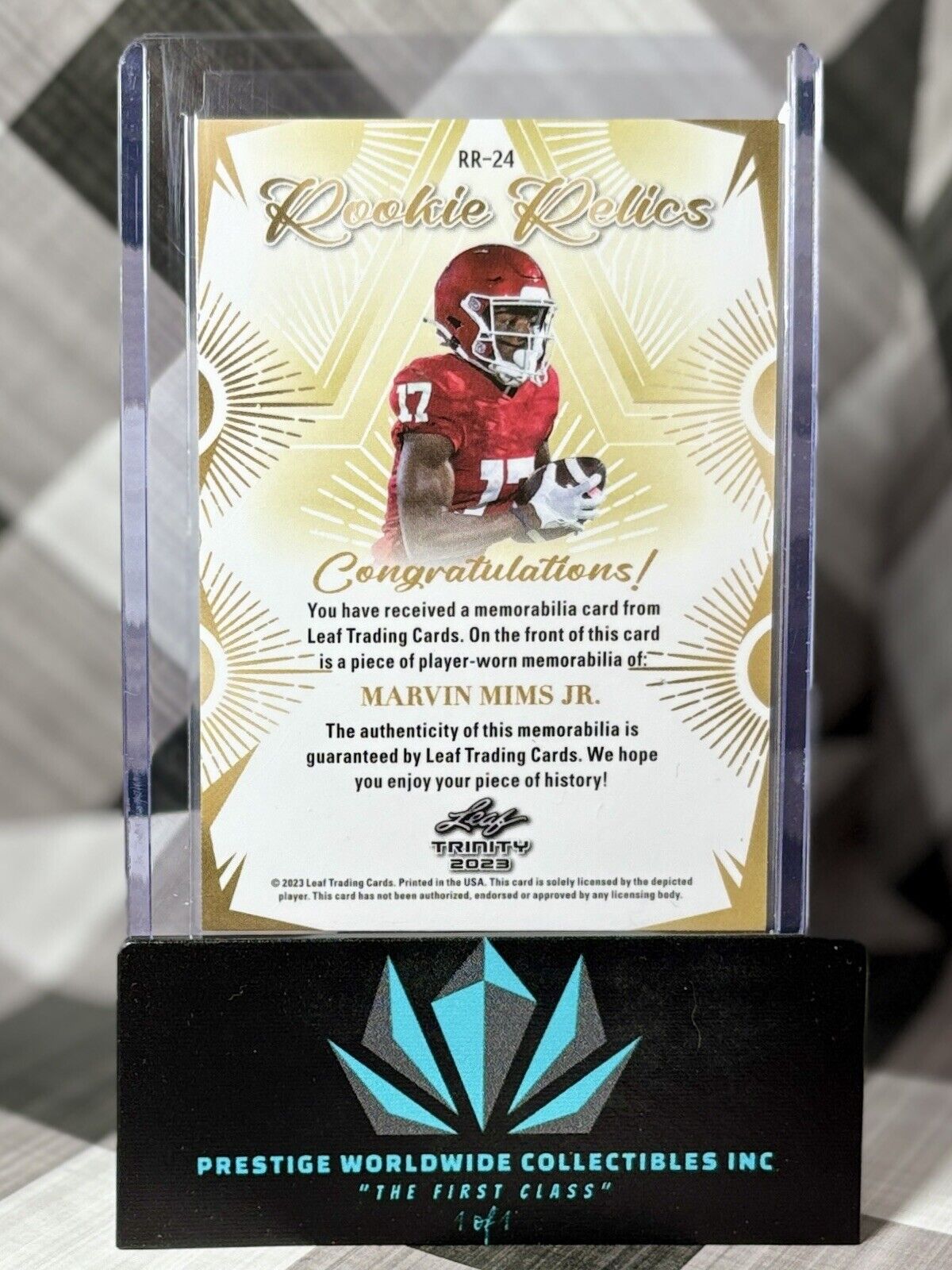 Marvin Mims 2023 Leaf Trinity Rookie Relics Jersey Patch #RR-24 DEN Broncos RC