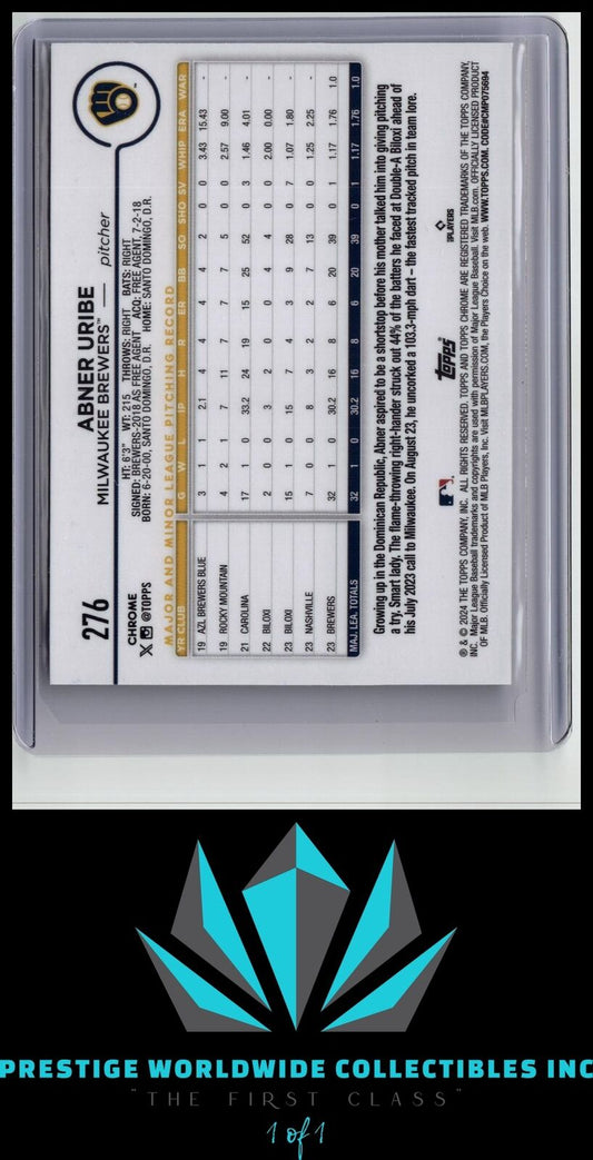 Abner Uribe 2024 Topps Chrome Rookie #276 Milwaukee Brewers Rookie