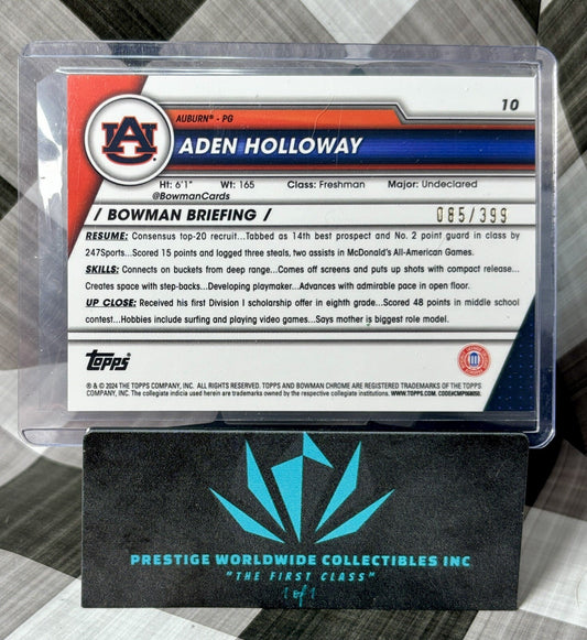 Aden Holloway 2024 Bowman Chrome U 1st Purple Mini Diamond Refr. /399 #10 Auburn