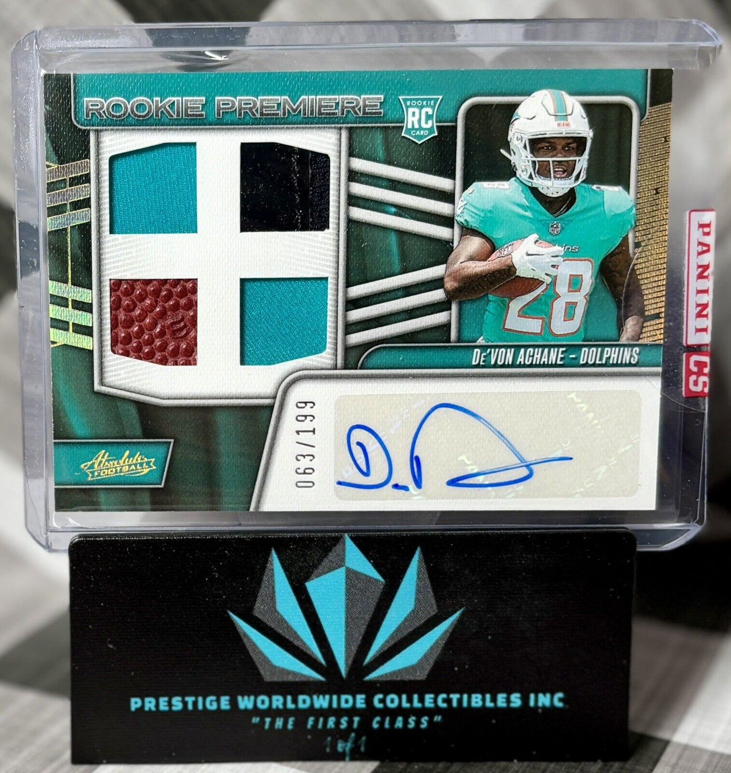 De’Von Achane 2023 Absolute Rookie Premier Quad Patch Auto /199 #RPMA-DA MIA RPA