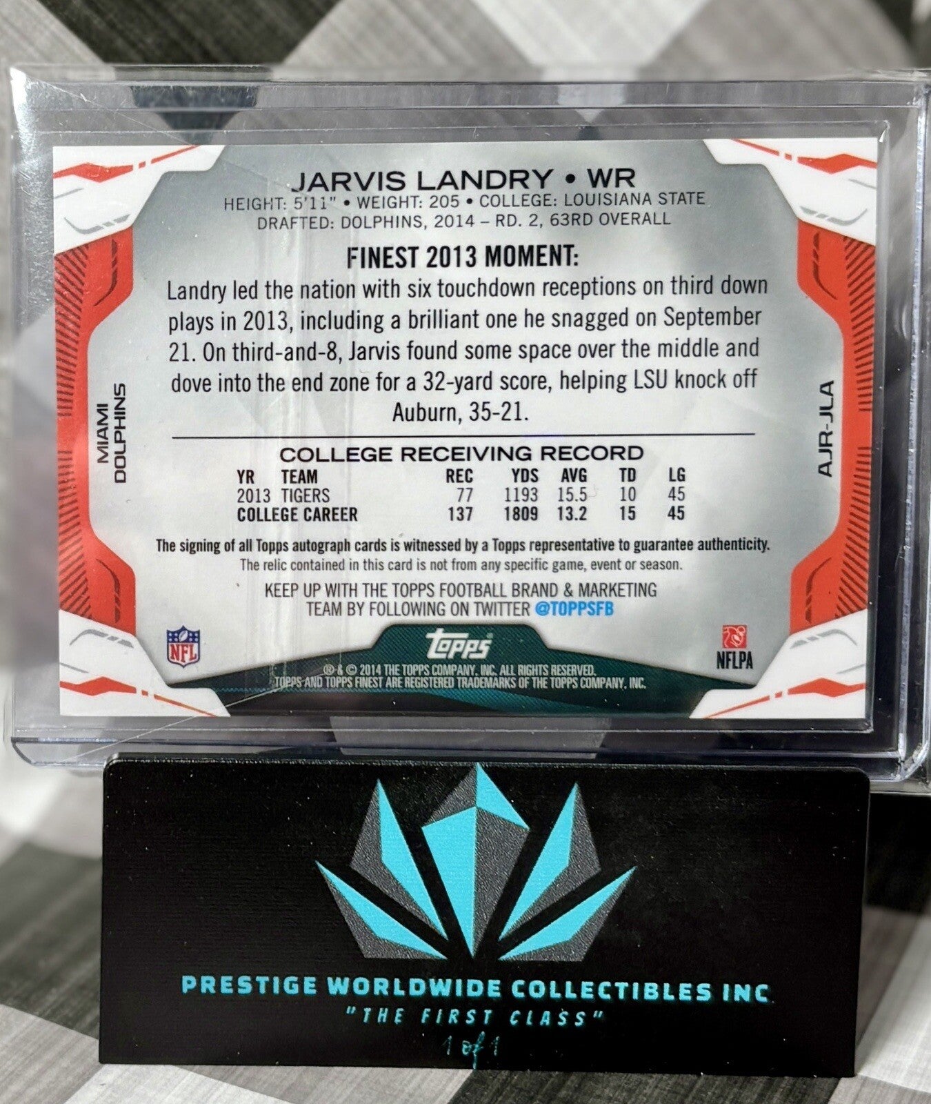 Jarvis Landry 2014 Topps Finest Gold Rookie Patch Auto /50 #AJR-JLA Dolphins RPA