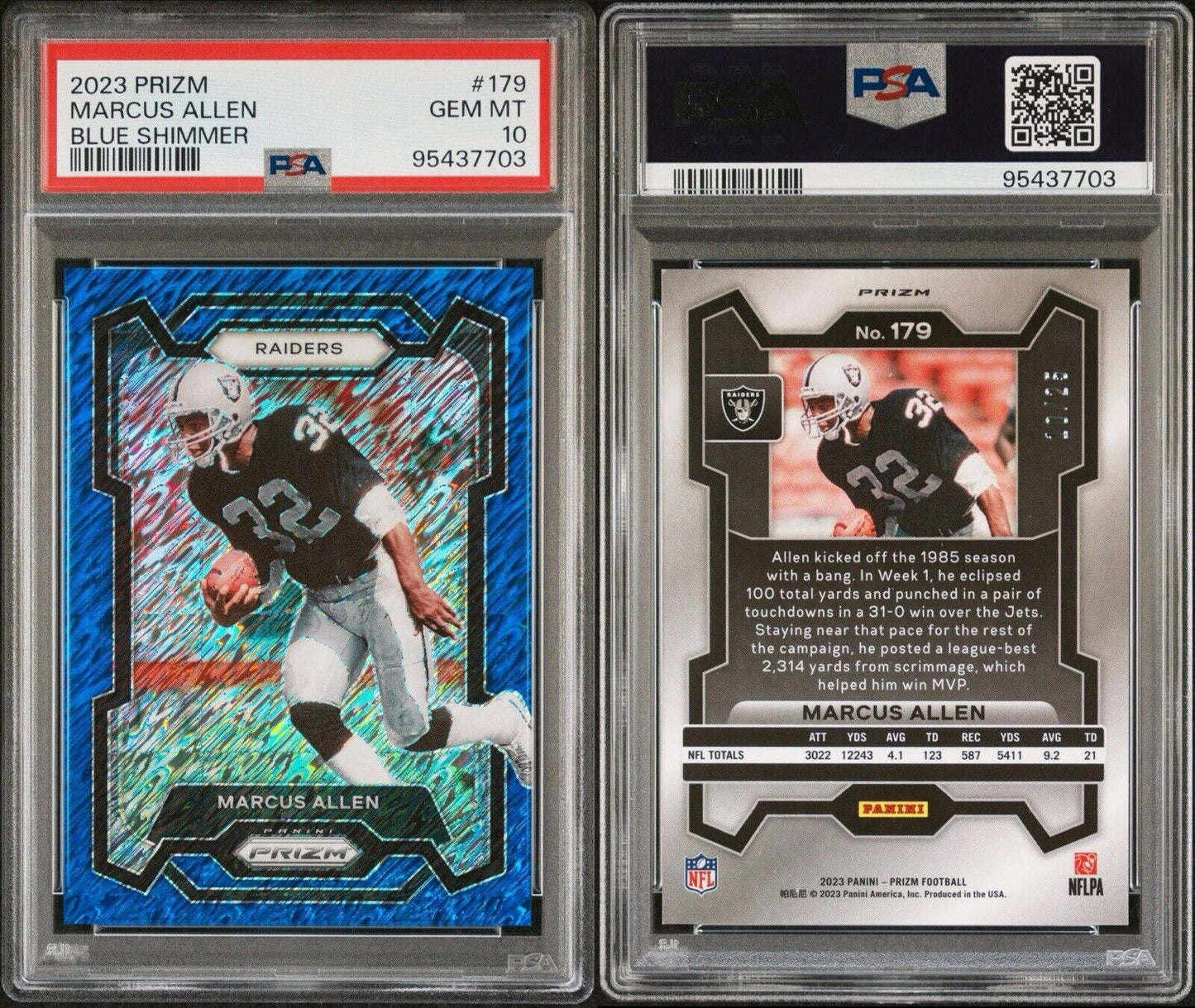 Marcus Allen 2023 Panini Prizm Blue Shimmer FOTL /25 PSA 10 #179 Oakland Raiders