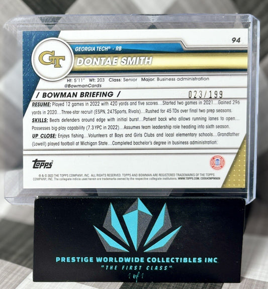 Dontae Smith 2023 Bowman Chrome U 1st Blue Refractor /199 #94 Georgia Tech