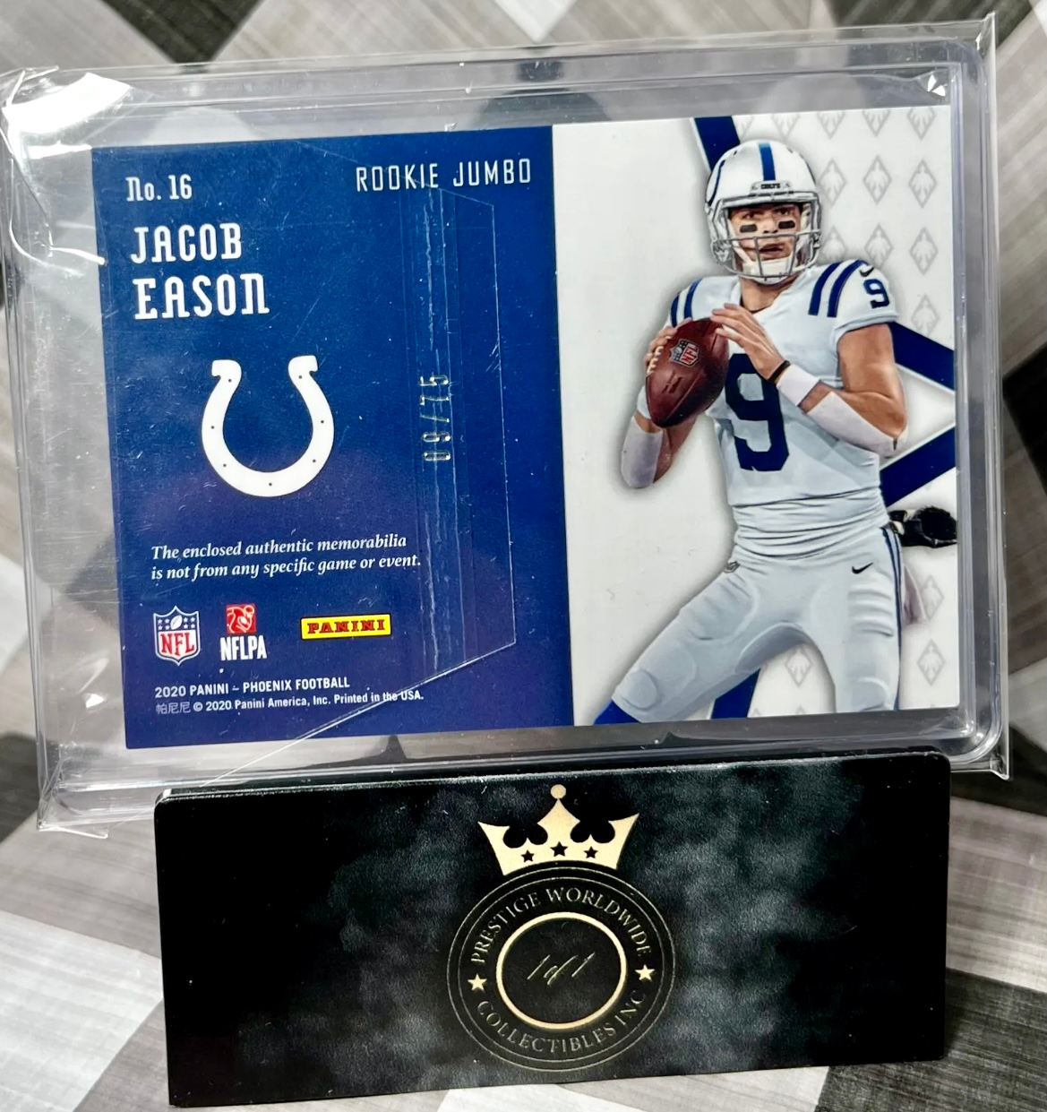 Jacob Eason 2020 Phoenix Silver Rookie Jumbo Patch Number Match 09/75 #16 Colts