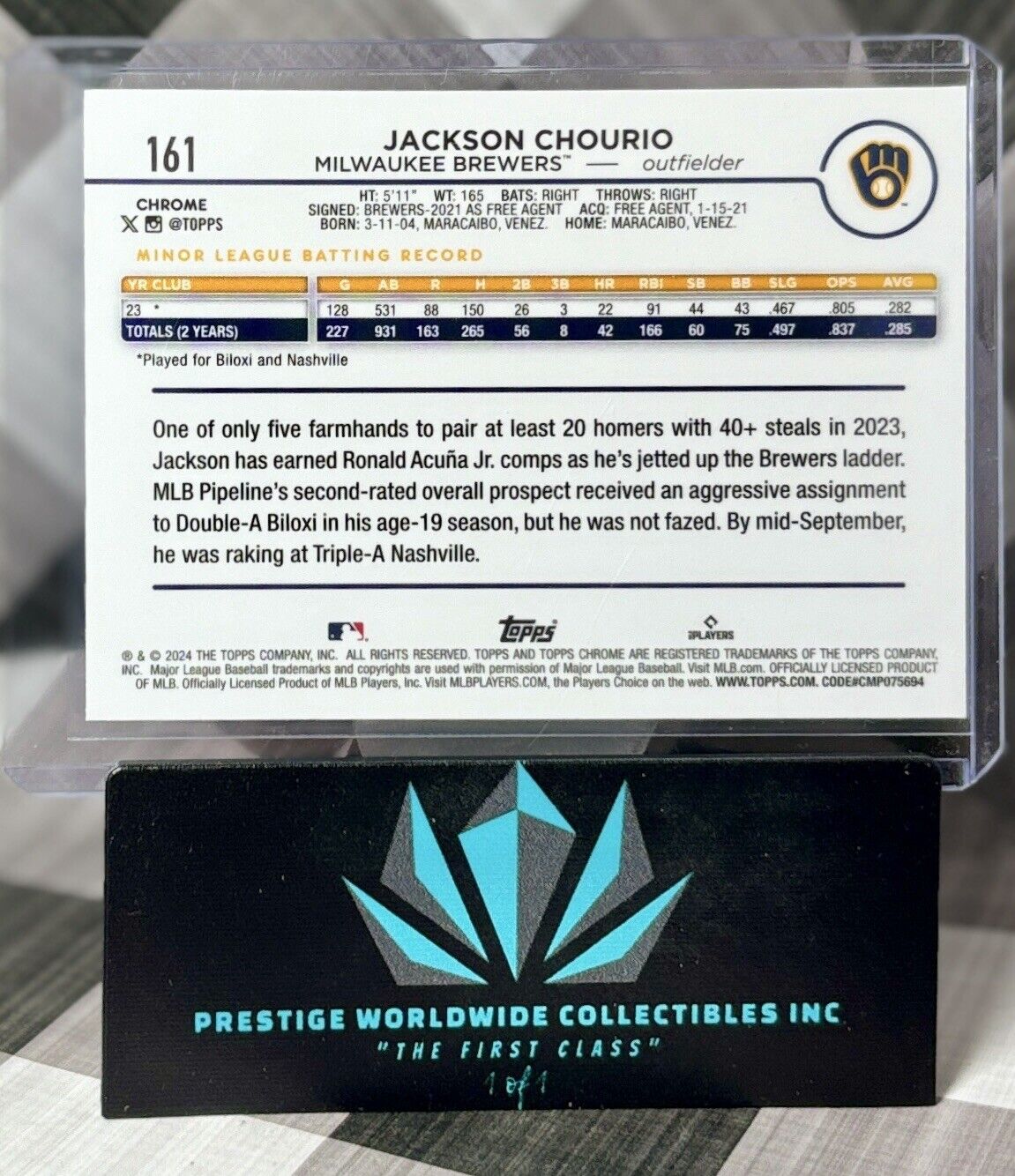 Jackson Chourio 2024 Topps Chrome Base Rookie #161 Milwaukee Brewers RC