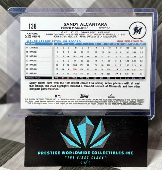 Sandy Alcantara 2024 Topps Chrome Sonar Purple Refractor /275 #138 Miami Marlins
