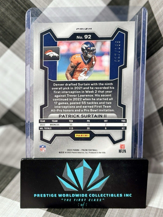 Patrick Surtain II 2023 Panini Prizm Blue Wave Prizm /199 #92 Denver Broncos