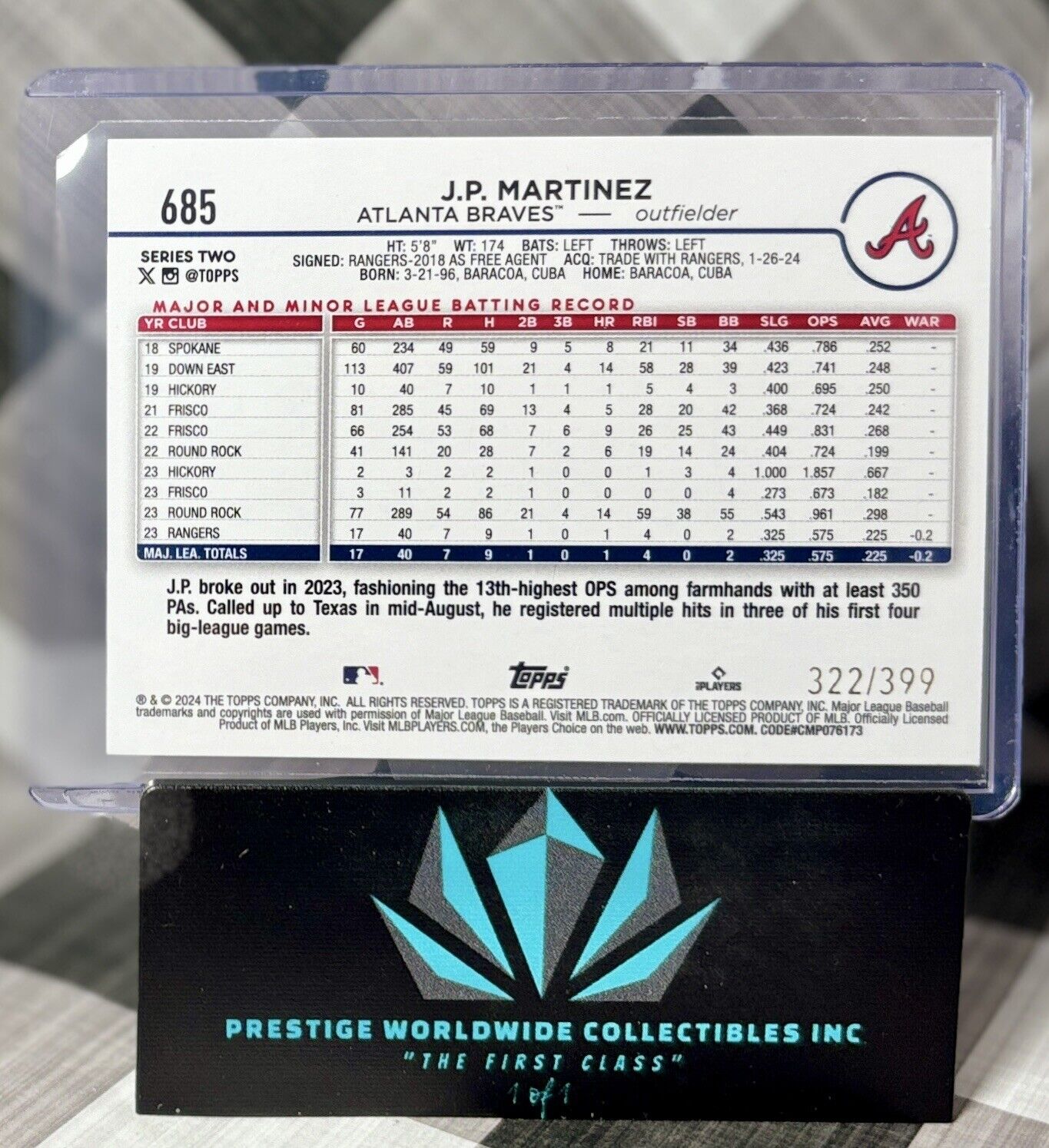 J.P. Martinez 2024 Topps Series 2 Rookie Aqua Foil /399 #685 Atlanta Braves RC