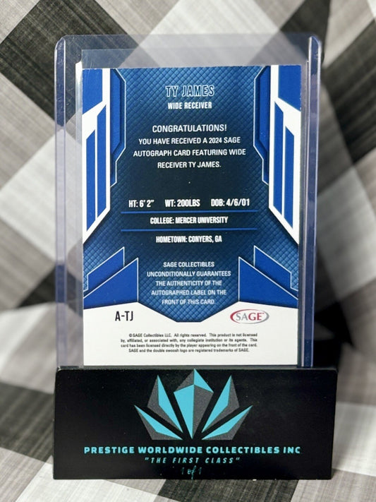 Ty James 2024 SAGE Black Rookie Auto #A-TJ Mercer & Minnesota Vikings RC