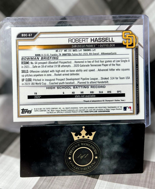Robert Hassell 2021 Bowman Chrome Draft BW Raywave Refractor #BDC-67 SD Padres