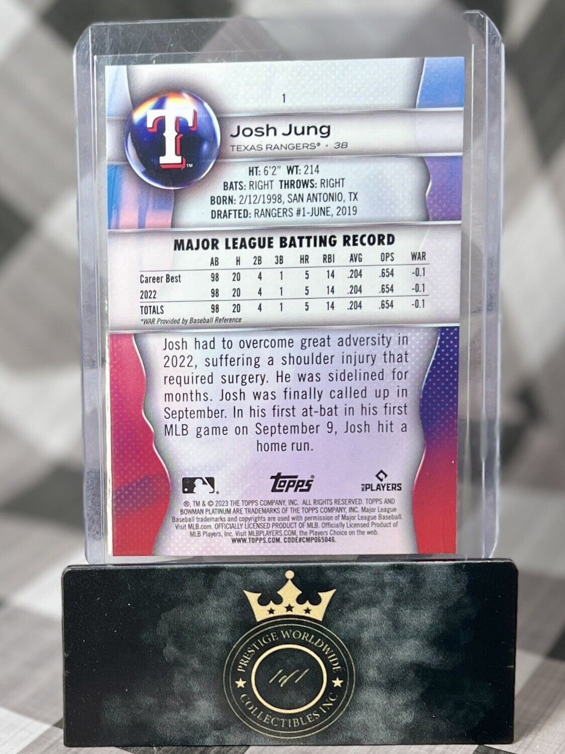 Josh Jung 2023 Bowman Platinum Rookie #1 Texas Rangers World Series RC