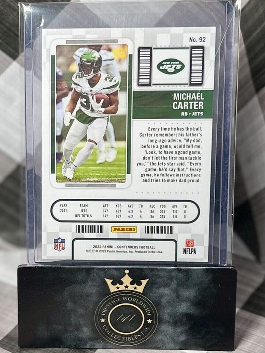 Michael Carter 2022 Panini Contenders Purple Stardust Season Ticket #92 NY Jets