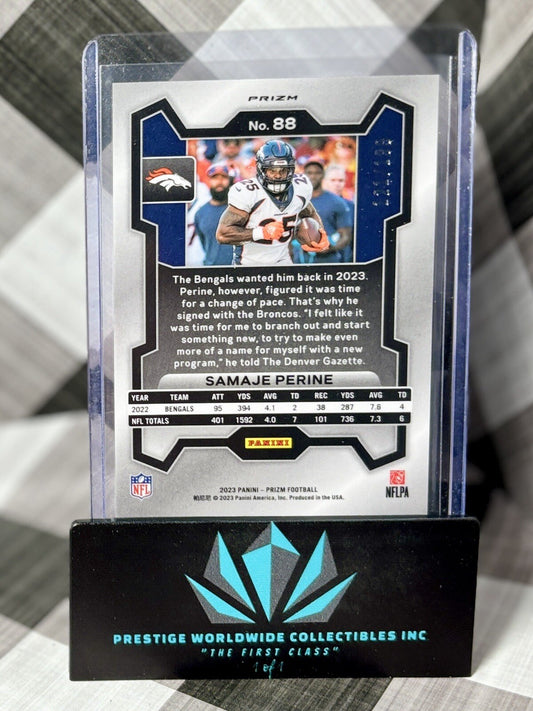 Samaje Perine 2023 Panini Prizm Blue Wave Prizm /199 #88 Denver Broncos